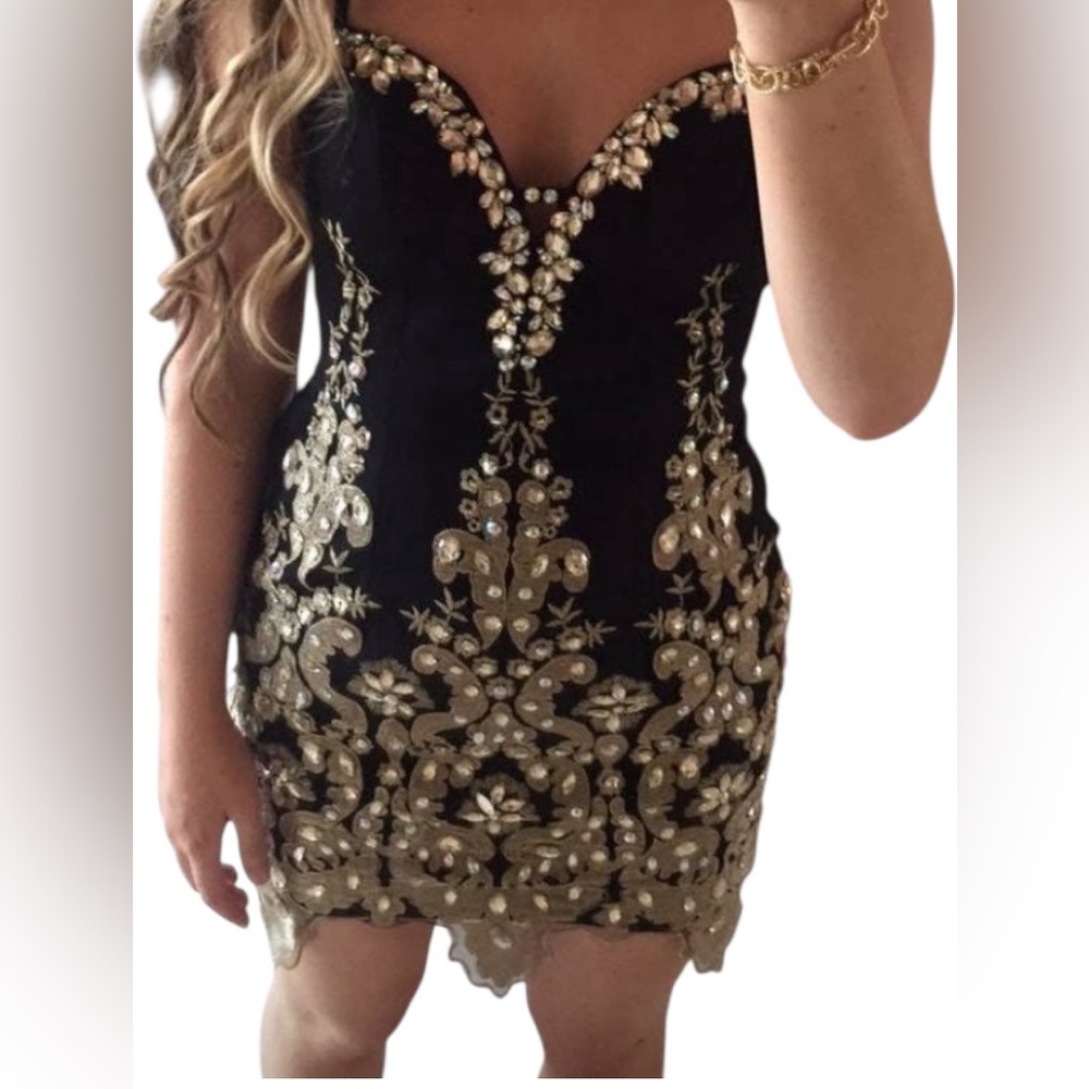 Dave & Johnny’s Dress with gold embroidery & jewels